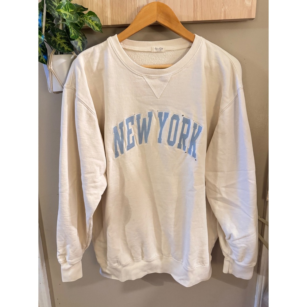 John Galt New York Graphic Sweatshirt Cream Light Blue Varsity Oversized